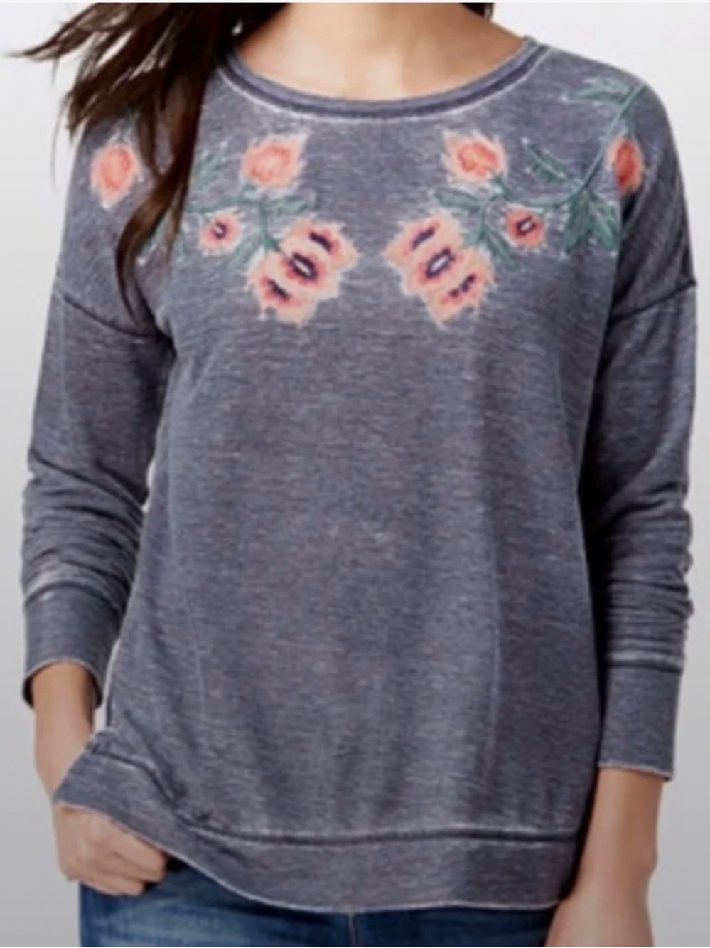 Lucky Brand - Gray Pullover Sweatshirt with Pink Floral Embroidery - SIZE XL